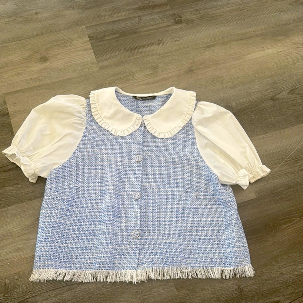 Zara Blue and White Button Down Shirt with Peter Pan Collar Size USA XL